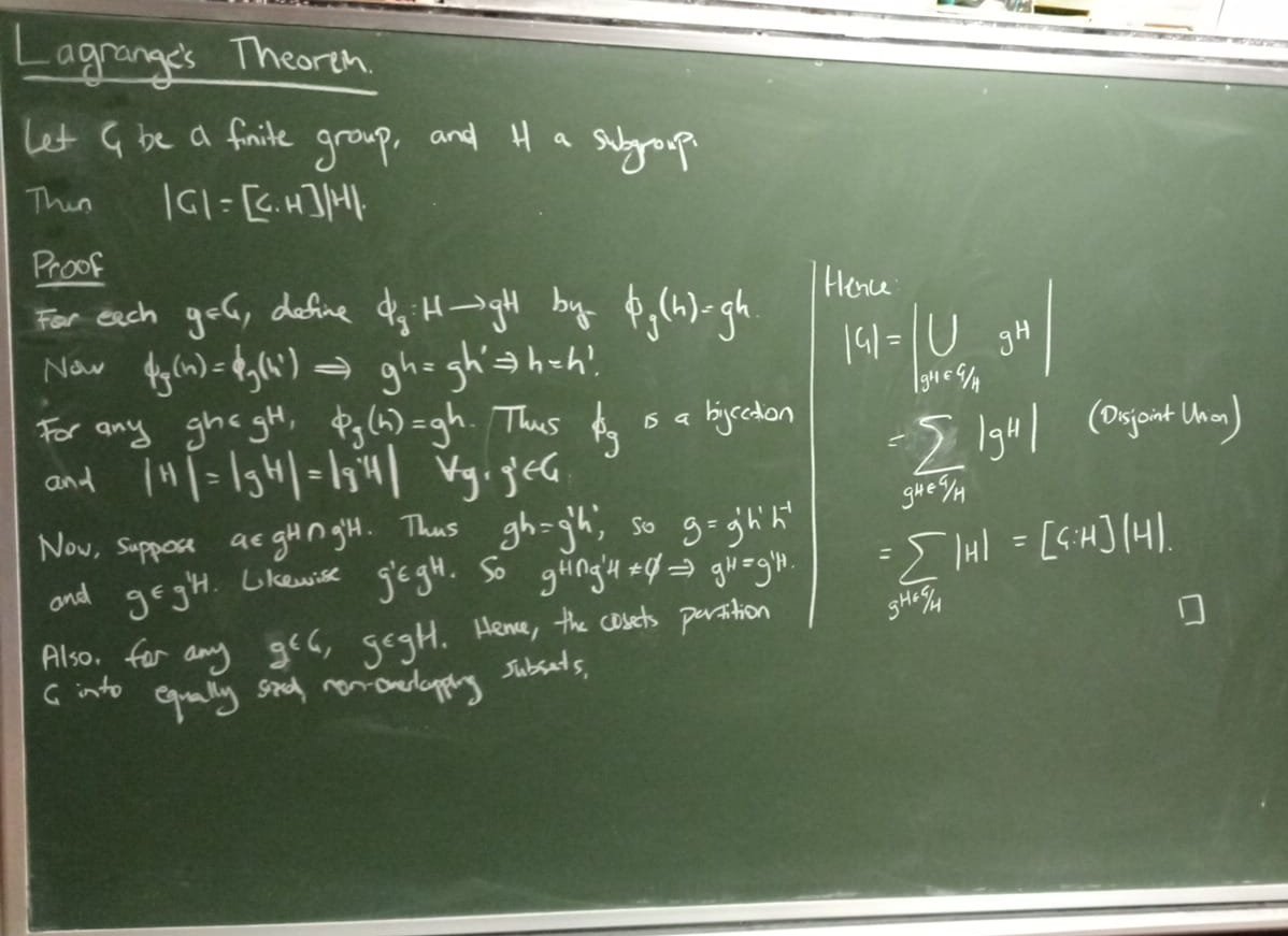 picture of beautiful chalkboard showing the proof of lagrange's theorem